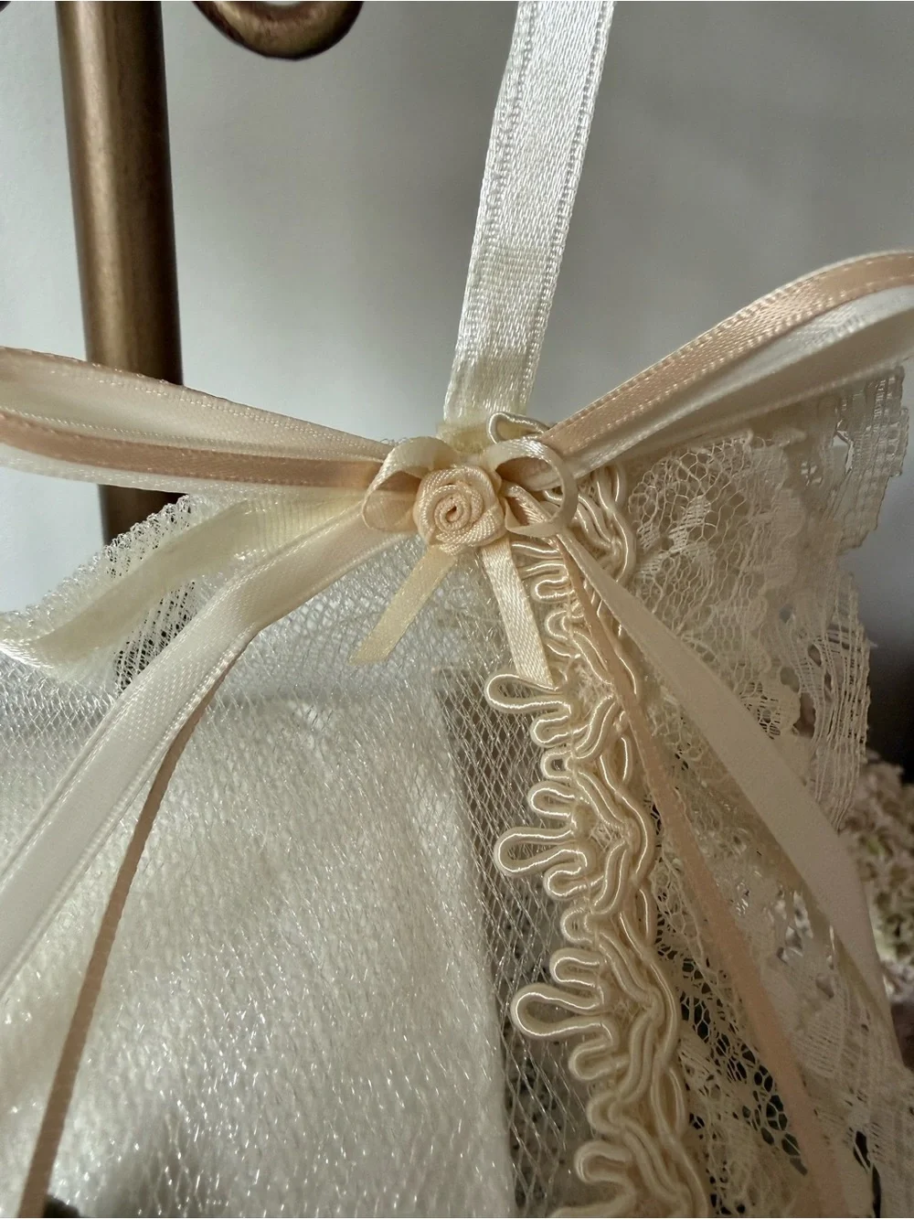 Hand Crafted Beige and Ivory Lace Toilet Paper Sachet & Hand Towel Set